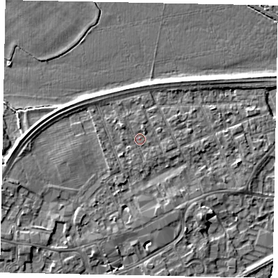 Shaded relief map of the ground around TW209BJ, computed from Environment Agency LiDAR. The ground here sits at about 16 m above sea level and falls 4 m across the surrounding 800 m. Surface water reaching this point runs off ground lying to the south-west, 1.3 m higher.