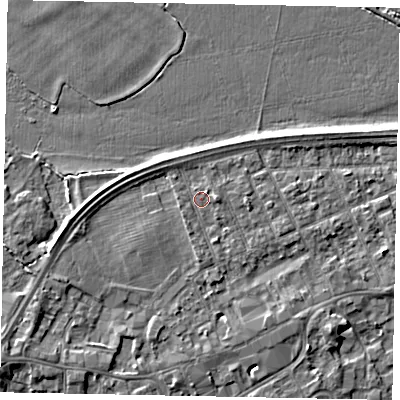 Shaded relief map of the ground around TW209BL, computed from Environment Agency LiDAR. The ground here sits at about 16 m above sea level and falls 5 m across the surrounding 800 m. Surface water reaching this point runs off ground lying to the south, 1.5 m higher.
