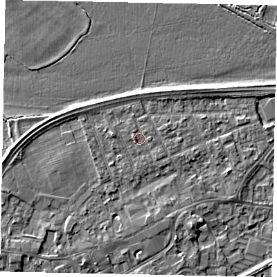 Shaded relief map of the ground around TW209BN, computed from Environment Agency LiDAR. The ground here sits at about 16 m above sea level and falls 4 m across the surrounding 800 m. Surface water reaching this point runs off ground lying to the west, 0.8 m higher.