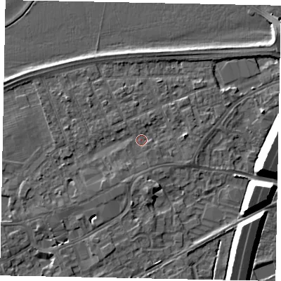 Shaded relief map of the ground around TW209BP, computed from Environment Agency LiDAR. The ground here sits at about 16 m above sea level and falls 11 m across the surrounding 800 m. Surface water reaching this point runs off ground lying to the south-west, 2.0 m higher.