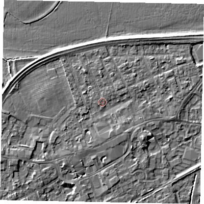 Shaded relief map of the ground around TW209BQ, computed from Environment Agency LiDAR. The ground here sits at about 16 m above sea level and falls 4 m across the surrounding 800 m. Surface water reaching this point runs off ground lying to the south-south-east, 2.0 m higher.