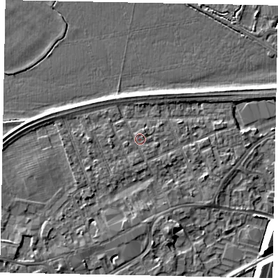 Shaded relief map of the ground around TW209BS, computed from Environment Agency LiDAR. The ground here sits at about 17 m above sea level and falls 10 m across the surrounding 800 m. Surface water reaching this point runs off ground lying to the south, 0.7 m higher.