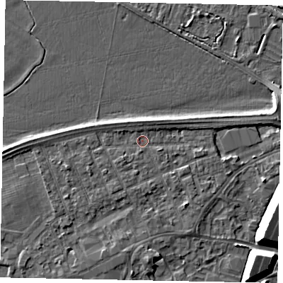 Shaded relief map of the ground around TW209BT, computed from Environment Agency LiDAR. The ground here sits at about 16 m above sea level and falls 12 m across the surrounding 800 m. Surface water reaching this point runs off ground lying to the south-west, 1.9 m higher.