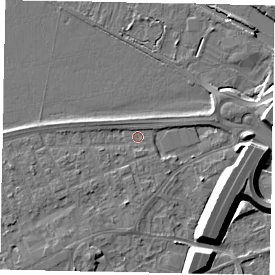 Shaded relief map of the ground around TW209BU, computed from Environment Agency LiDAR. The ground here sits at about 16 m above sea level and falls 12 m across the surrounding 800 m. Surface water reaching this point runs off ground lying to the west-north-west, 2.1 m higher.
