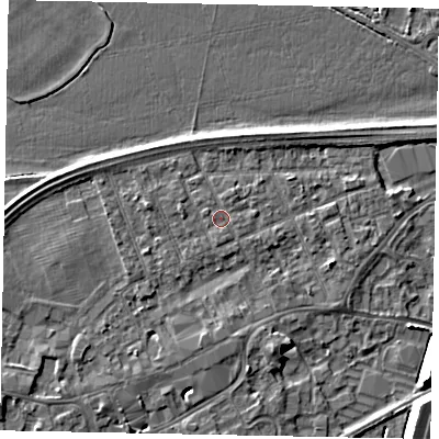 Shaded relief map of the ground around TW209BW, computed from Environment Agency LiDAR. The ground here sits at about 16 m above sea level and falls 9 m across the surrounding 800 m. Surface water reaching this point runs off ground lying to the south-south-east, 0.6 m higher.