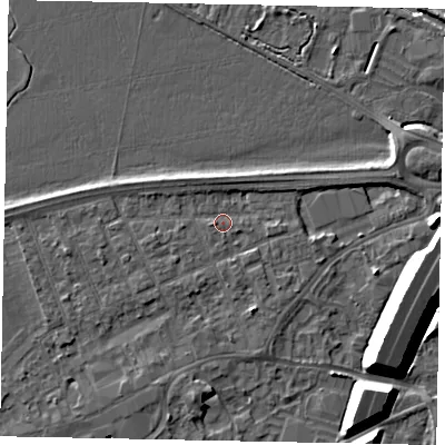 Shaded relief map of the ground around TW209BX, computed from Environment Agency LiDAR. The ground here sits at about 16 m above sea level and falls 12 m across the surrounding 800 m. Surface water reaching this point runs off ground lying to the north-north-west, 1.9 m higher.