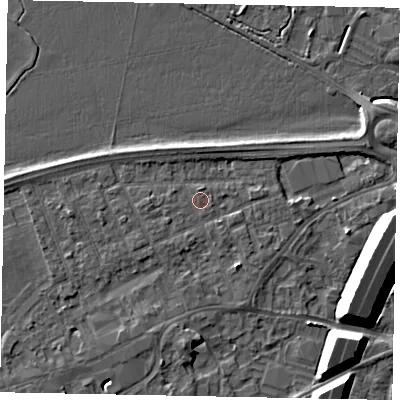 Shaded relief map of the ground around TW209BY, computed from Environment Agency LiDAR. The ground here sits at about 16 m above sea level and falls 11 m across the surrounding 800 m. Surface water reaching this point runs off ground lying to the north, 0.7 m higher.