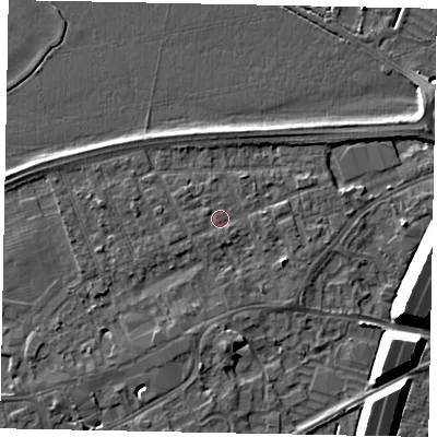 Shaded relief map of the ground around TW209BZ, computed from Environment Agency LiDAR. The ground here sits at about 16 m above sea level and falls 11 m across the surrounding 800 m. Surface water reaching this point runs off ground lying to the west-south-west, 0.7 m higher.