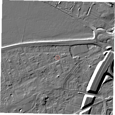 Shaded relief map of the ground around TW209DA, computed from Environment Agency LiDAR. The ground here sits at about 16 m above sea level and falls 12 m across the surrounding 800 m. Surface water reaching this point runs off ground lying to the east-north-east, 1.1 m higher.