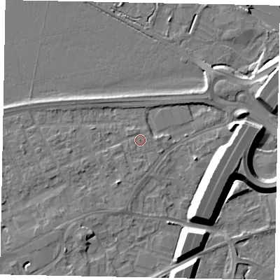 Shaded relief map of the ground around TW209DB, computed from Environment Agency LiDAR. The ground here sits at about 16 m above sea level and falls 12 m across the surrounding 800 m. Surface water reaching this point runs off ground lying to the east-north-east, 0.6 m higher.