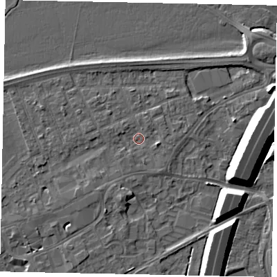 Shaded relief map of the ground around TW209DD, computed from Environment Agency LiDAR. The ground here sits at about 16 m above sea level and falls 11 m across the surrounding 800 m. Surface water reaching this point runs off ground lying to the south-west, 2.0 m higher.