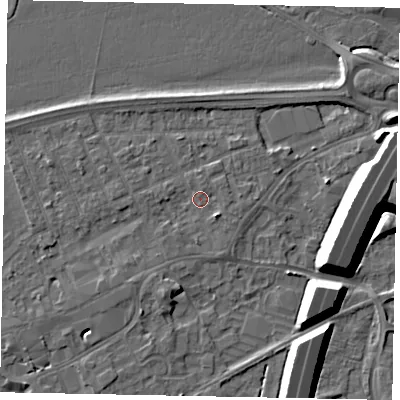 Shaded relief map of the ground around TW209DF, computed from Environment Agency LiDAR. The ground here sits at about 16 m above sea level and falls 11 m across the surrounding 800 m. Surface water reaching this point runs off ground lying to the south-west, 2.0 m higher.