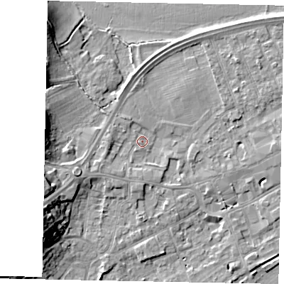 Shaded relief map of the ground around TW209DH, computed from Environment Agency LiDAR. The ground here sits at about 17 m above sea level and falls 17 m across the surrounding 800 m. Surface water reaching this point runs off ground lying to the west-south-west, 3.6 m higher.