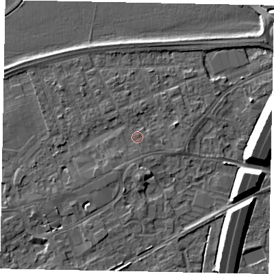 Shaded relief map of the ground around TW209DJ, computed from Environment Agency LiDAR. The ground here sits at about 16 m above sea level and falls 11 m across the surrounding 800 m. Surface water reaching this point runs off ground lying to the south-south-west, 0.9 m higher.
