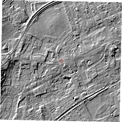 Shaded relief map of the ground around TW209DP, computed from Environment Agency LiDAR. The ground here sits at about 17 m above sea level and falls 8 m across the surrounding 800 m. Surface water reaching this point runs off ground lying to the south-east, 0.8 m higher.