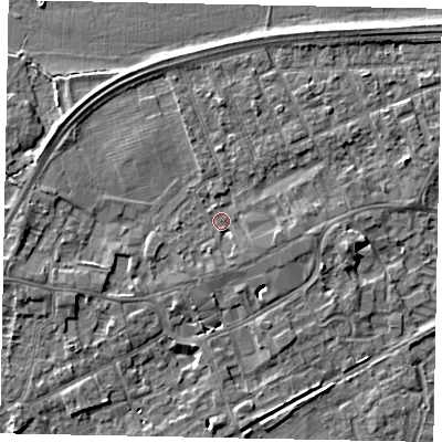 Shaded relief map of the ground around TW209DQ, computed from Environment Agency LiDAR. The ground here sits at about 17 m above sea level and falls 5 m across the surrounding 800 m. Surface water reaching this point runs off ground lying to the south-south-west, 1.6 m higher.