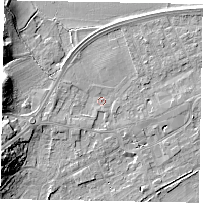 Shaded relief map of the ground around TW209DR, computed from Environment Agency LiDAR. The ground here sits at about 17 m above sea level and falls 18 m across the surrounding 800 m. Surface water reaching this point runs off ground lying to the south-west, 2.3 m higher.