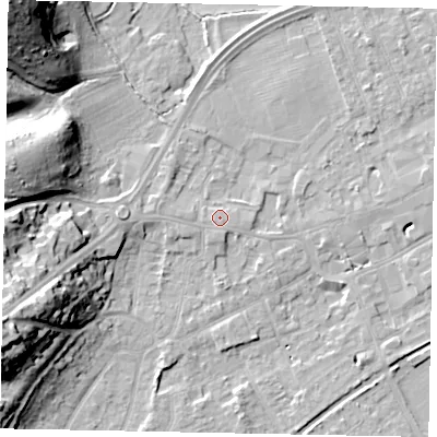 Shaded relief map of the ground around TW209DT, computed from Environment Agency LiDAR. The ground here sits at about 18 m above sea level and falls 30 m across the surrounding 800 m. Surface water reaching this point runs off ground lying to the west-south-west, 1.1 m higher.