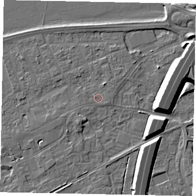 Shaded relief map of the ground around TW209DZ, computed from Environment Agency LiDAR. The ground here sits at about 16 m above sea level and falls 11 m across the surrounding 800 m. Surface water reaching this point runs off ground lying to the north-north-east, 2.1 m higher.