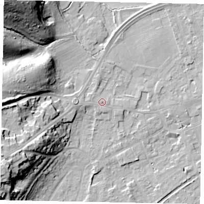 Shaded relief map of the ground around TW209EA, computed from Environment Agency LiDAR. The ground here sits at about 18 m above sea level and falls 36 m across the surrounding 800 m. Surface water reaching this point runs off ground lying to the west, 1.3 m higher.