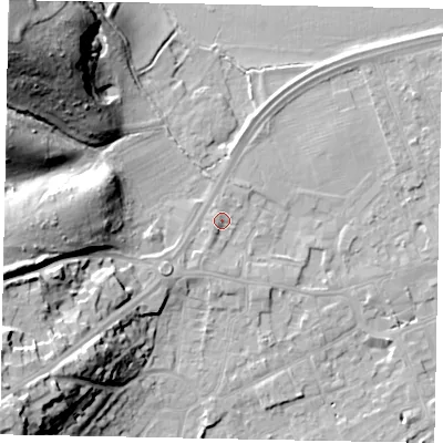 Shaded relief map of the ground around TW209EB, computed from Environment Agency LiDAR. The ground here sits at about 18 m above sea level and falls 38 m across the surrounding 800 m. Surface water reaching this point runs off ground lying to the south-south-west, 1.5 m higher.