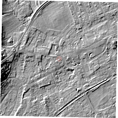 Shaded relief map of the ground around TW209EJ, computed from Environment Agency LiDAR. The ground here sits at about 17 m above sea level and falls 12 m across the surrounding 800 m. Surface water reaching this point runs off ground lying to the west-north-west, 1.4 m higher.