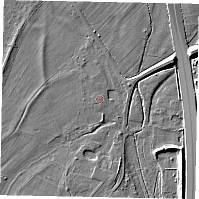 Shaded relief map of the ground around TW209EL, computed from Environment Agency LiDAR. The ground here sits at about 16 m above sea level and falls 9 m across the surrounding 800 m. The ground contributing surface water to this point lies to the south-west.