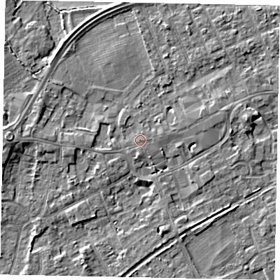 Shaded relief map of the ground around TW209EP, computed from Environment Agency LiDAR. The ground here sits at about 17 m above sea level and falls 7 m across the surrounding 800 m. Surface water reaching this point runs off ground lying to the east-south-east, 0.6 m higher.