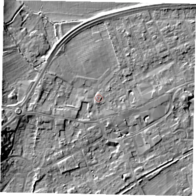 Shaded relief map of the ground around TW209ER, computed from Environment Agency LiDAR. The ground here sits at about 17 m above sea level and falls 10 m across the surrounding 800 m. Surface water reaching this point runs off ground lying to the south-west, 1.8 m higher.