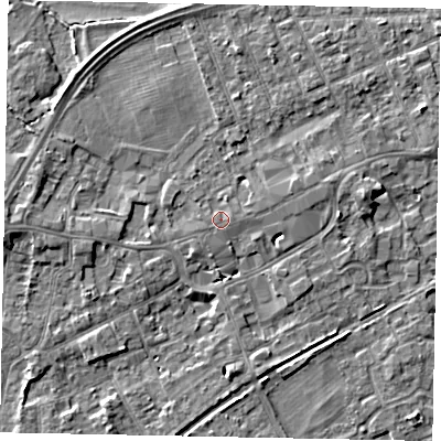 Shaded relief map of the ground around TW209EU, computed from Environment Agency LiDAR. The ground here sits at about 17 m above sea level and falls 5 m across the surrounding 800 m. Surface water reaching this point runs off ground lying to the north-north-east, 0.9 m higher.