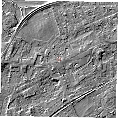 Shaded relief map of the ground around TW209EW, computed from Environment Agency LiDAR. The ground here sits at about 17 m above sea level and falls 5 m across the surrounding 800 m. Surface water reaching this point runs off ground lying to the north-east, 0.9 m higher.