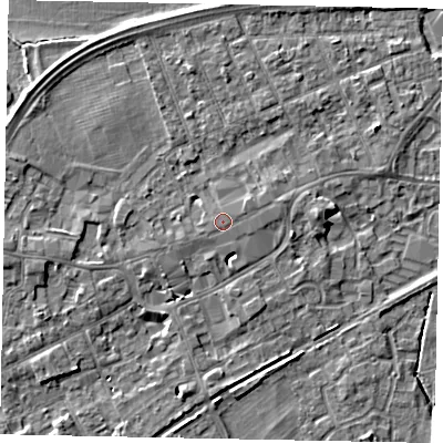 Shaded relief map of the ground around TW209EX, computed from Environment Agency LiDAR. The ground here sits at about 17 m above sea level and falls 4 m across the surrounding 800 m. Surface water reaching this point runs off ground lying to the east-north-east, 0.8 m higher.