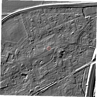 Shaded relief map of the ground around TW209EY, computed from Environment Agency LiDAR. The ground here sits at about 17 m above sea level and falls 10 m across the surrounding 800 m. The ground contributing surface water to this point lies to the south-west.
