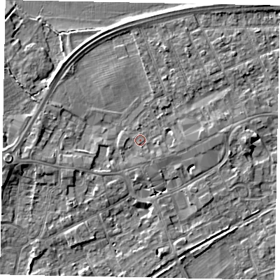 Shaded relief map of the ground around TW209EZ, computed from Environment Agency LiDAR. The ground here sits at about 17 m above sea level and falls 7 m across the surrounding 800 m. Surface water reaching this point runs off ground lying to the east-south-east, 1.0 m higher.