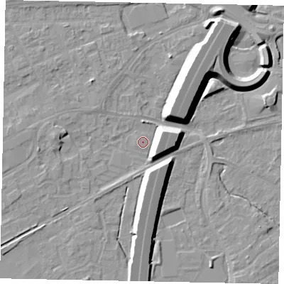 Shaded relief map of the ground around TW209FB, computed from Environment Agency LiDAR. The ground here sits at about 16 m above sea level and falls 12 m across the surrounding 800 m. Surface water reaching this point runs off ground lying to the east-north-east, 9.1 m higher.