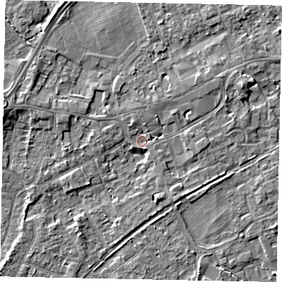 Shaded relief map of the ground around TW209FF, computed from Environment Agency LiDAR. The ground here sits at about 16 m above sea level and falls 6 m across the surrounding 800 m. Surface water reaching this point runs off ground lying to the west, 5.0 m higher.