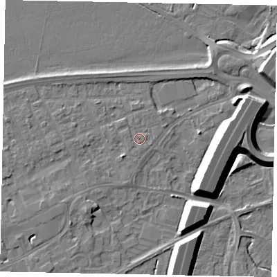 Shaded relief map of the ground around TW209FH, computed from Environment Agency LiDAR. The ground here sits at about 16 m above sea level and falls 12 m across the surrounding 800 m. Surface water reaching this point runs off ground lying to the south, 0.9 m higher.