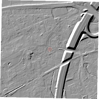Shaded relief map of the ground around TW209GG, computed from Environment Agency LiDAR. The ground here sits at about 15 m above sea level and falls 12 m across the surrounding 800 m. Surface water reaching this point runs off ground lying to the west-south-west, 3.2 m higher.