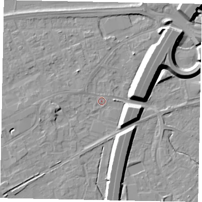 Shaded relief map of the ground around TW209GJ, computed from Environment Agency LiDAR. The ground here sits at about 16 m above sea level and falls 12 m across the surrounding 800 m. Surface water reaching this point runs off ground lying to the east-south-east, 9.1 m higher.