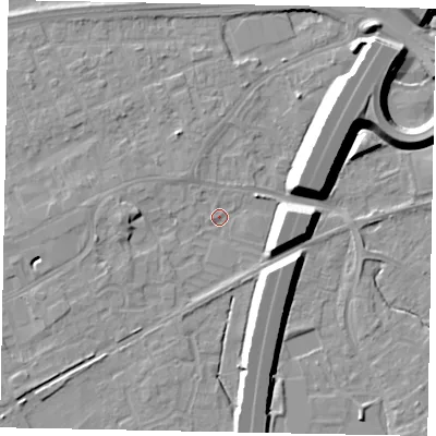 Shaded relief map of the ground around TW209GL, computed from Environment Agency LiDAR. The ground here sits at about 15 m above sea level and falls 12 m across the surrounding 800 m. Surface water reaching this point runs off ground lying to the west, 3.2 m higher.