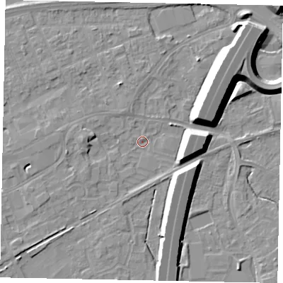 Shaded relief map of the ground around TW209GN, computed from Environment Agency LiDAR. The ground here sits at about 15 m above sea level and falls 12 m across the surrounding 800 m. Surface water reaching this point runs off ground lying to the west, 3.2 m higher.