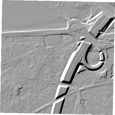 Shaded relief map of the ground around TW209HA, computed from Environment Agency LiDAR. The ground here sits at about 15 m above sea level and falls 12 m across the surrounding 800 m. Surface water reaching this point runs off ground lying to the east, 10.6 m higher.