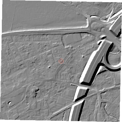 Shaded relief map of the ground around TW209HB, computed from Environment Agency LiDAR. The ground here sits at about 16 m above sea level and falls 12 m across the surrounding 800 m. Surface water reaching this point runs off ground lying to the south-south-west, 0.7 m higher.