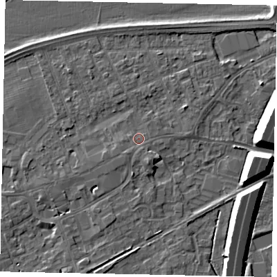 Shaded relief map of the ground around TW209HE, computed from Environment Agency LiDAR. The ground here sits at about 17 m above sea level and falls 11 m across the surrounding 800 m. Surface water reaching this point runs off ground lying to the south-west, 1.3 m higher.