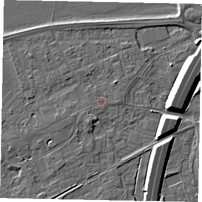 Shaded relief map of the ground around TW209HF, computed from Environment Agency LiDAR. The ground here sits at about 16 m above sea level and falls 11 m across the surrounding 800 m. Surface water reaching this point runs off ground lying to the south-south-west, 2.4 m higher.