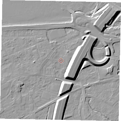 Shaded relief map of the ground around TW209HG, computed from Environment Agency LiDAR. The ground here sits at about 15 m above sea level and falls 12 m across the surrounding 800 m. Surface water reaching this point runs off ground lying to the east-north-east, 10.6 m higher.