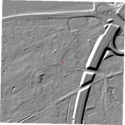 Shaded relief map of the ground around TW209HH, computed from Environment Agency LiDAR. The ground here sits at about 16 m above sea level and falls 12 m across the surrounding 800 m. Surface water reaching this point runs off ground lying to the west-north-west, 1.3 m higher.