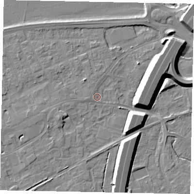 Shaded relief map of the ground around TW209HJ, computed from Environment Agency LiDAR. The ground here sits at about 16 m above sea level and falls 12 m across the surrounding 800 m. Surface water reaching this point runs off ground lying to the west, 1.3 m higher.