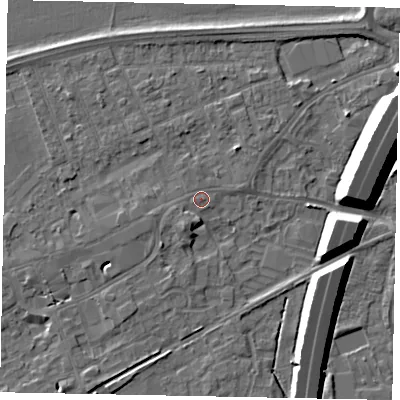 Shaded relief map of the ground around TW209HL, computed from Environment Agency LiDAR. The ground here sits at about 16 m above sea level and falls 11 m across the surrounding 800 m. Surface water reaching this point runs off ground lying to the west-south-west, 1.6 m higher.