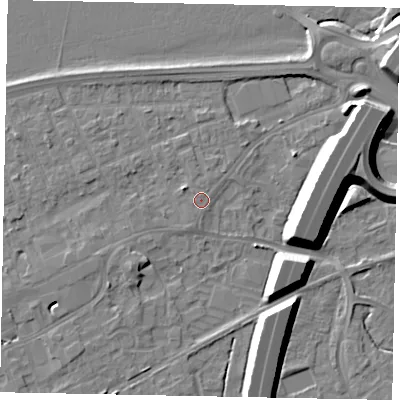 Shaded relief map of the ground around TW209HQ, computed from Environment Agency LiDAR. The ground here sits at about 16 m above sea level and falls 12 m across the surrounding 800 m. The ground contributing surface water to this point lies to the south-south-west.